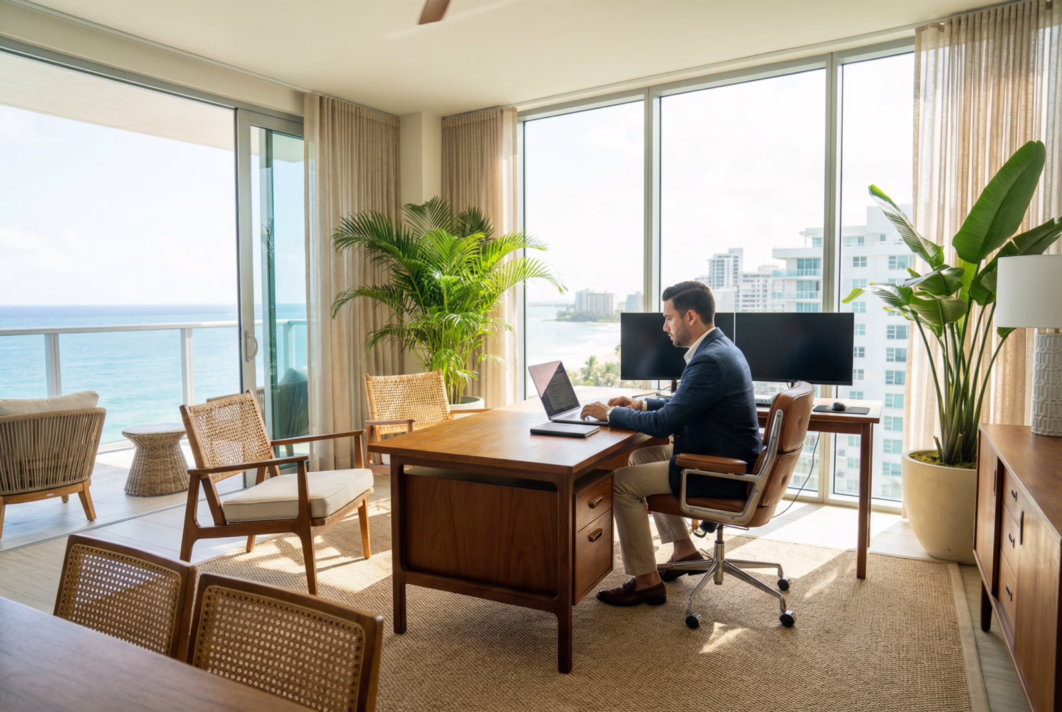 A professional working from a home office in a luxury Condado apartment.