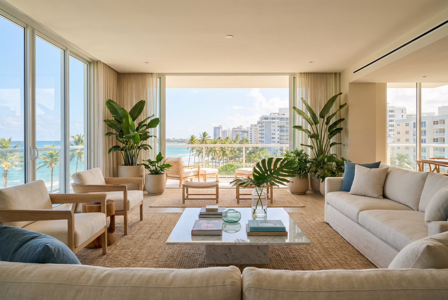 Modern and bright living area of a luxury relocation apartment in Condado